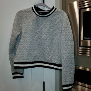 Gray Heart Pattern Quilted Sweater with Black Trim